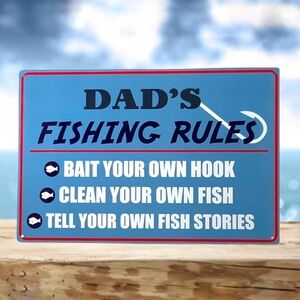 Metal Sign Dad’s Fishing Rules Wall Plaque Retro Vintage Style Coastal Nautical